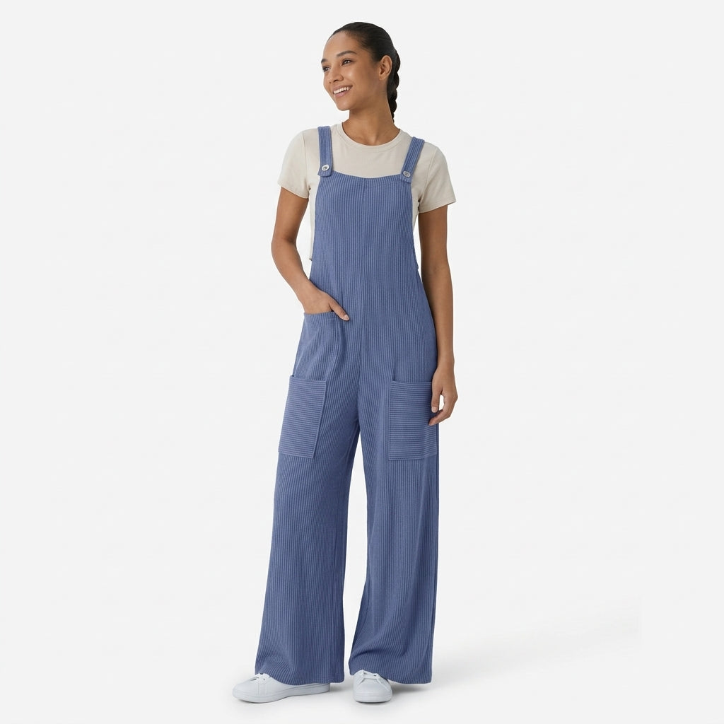 Ribbed Knit Pockets Casual Overalls