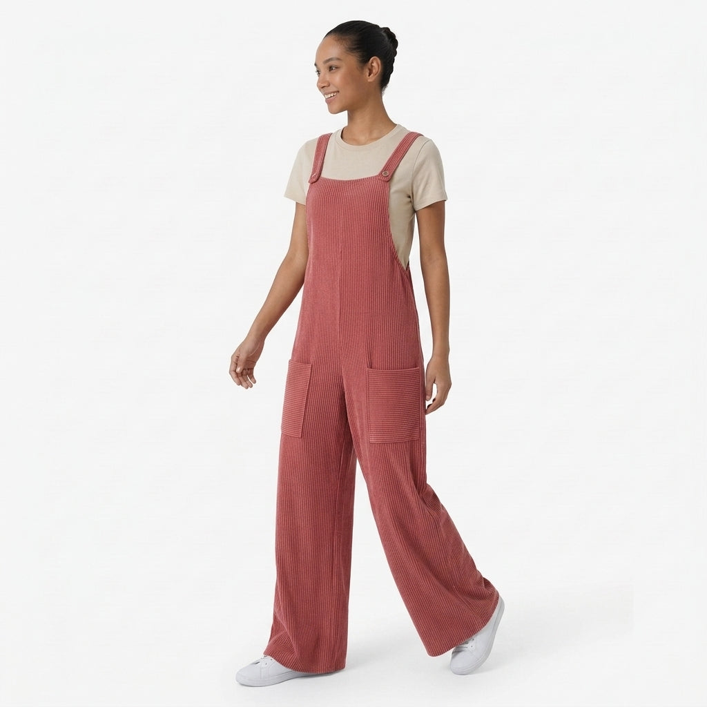 Ribbed Knit Pockets Casual Overalls