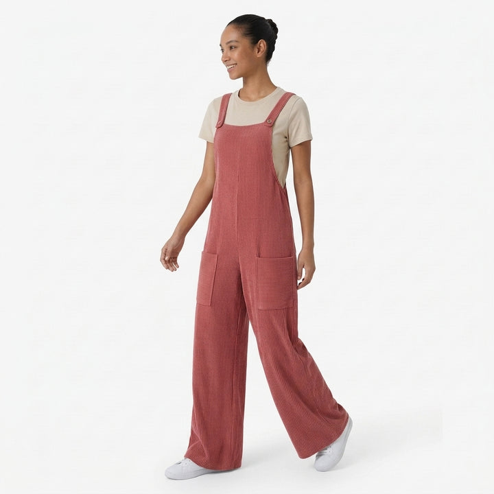 Ribbed Knit Pockets Casual Overalls