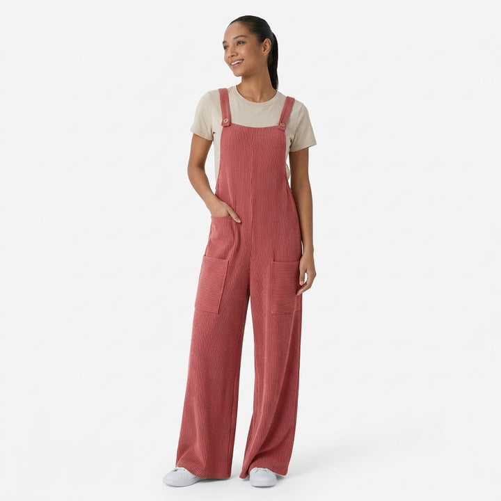 Ribbed Knit Pockets Casual Overalls