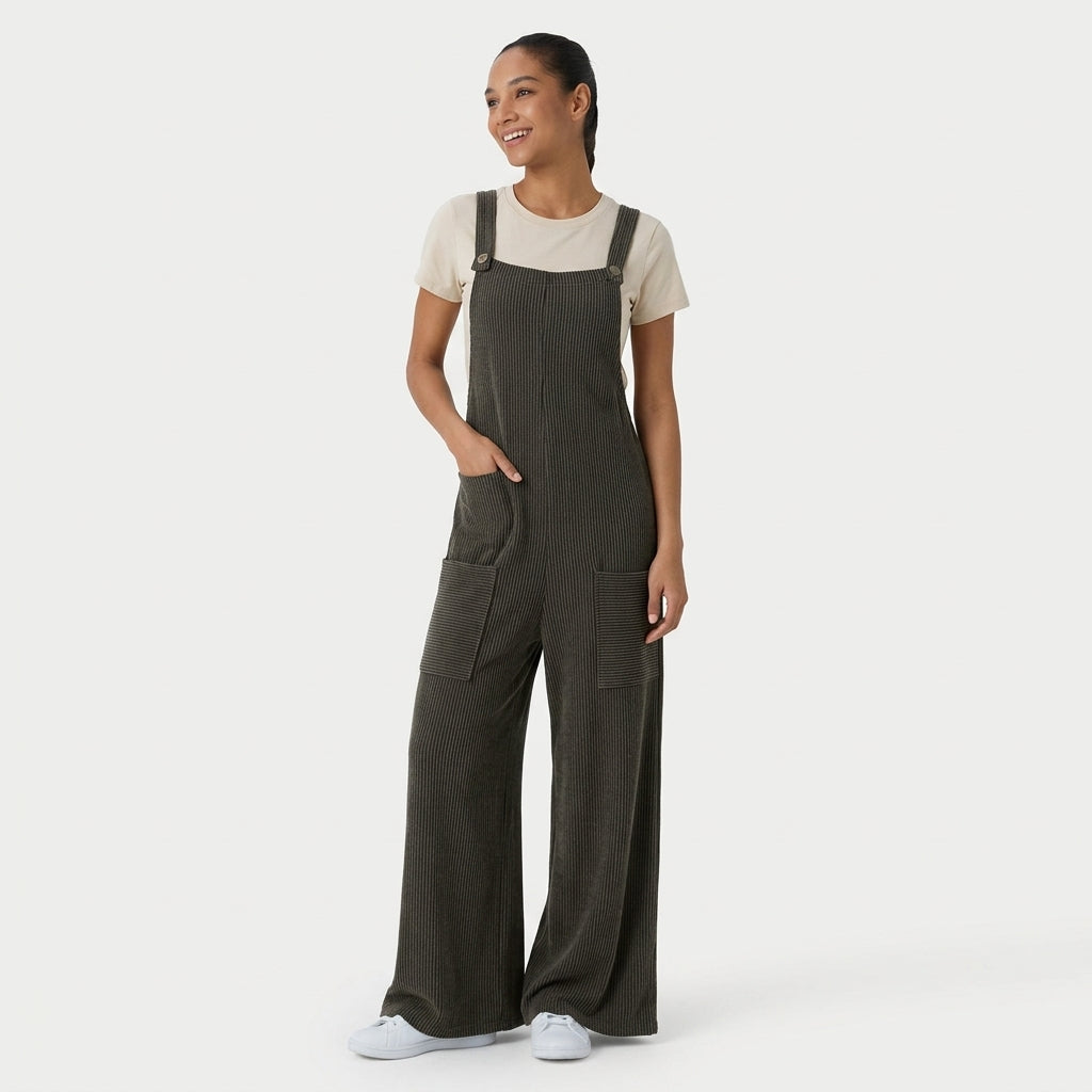 Ribbed Knit Pockets Casual Overalls