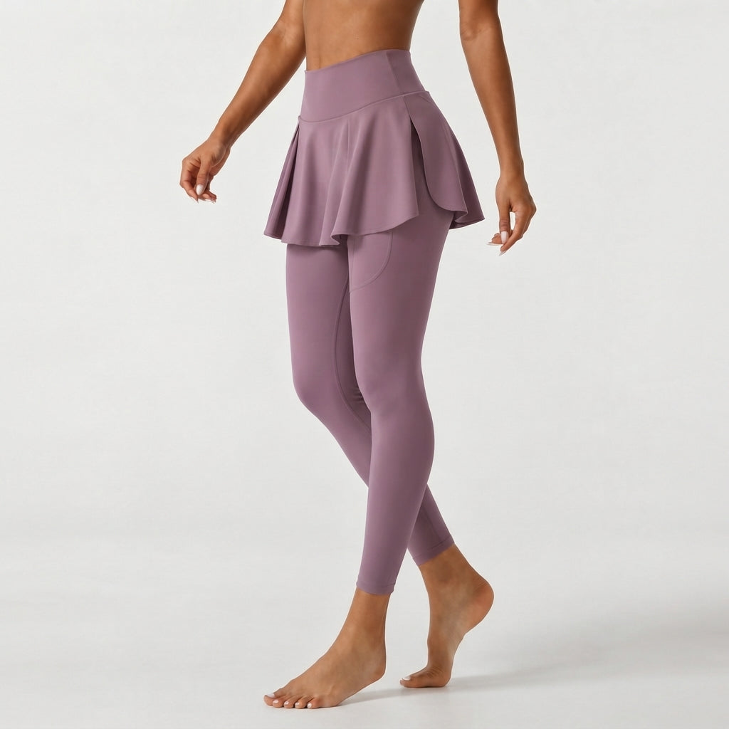 SoftlyZero Airy Mid Rise Pleated Contrast Mesh Dance Skirted Leggings with Pockets