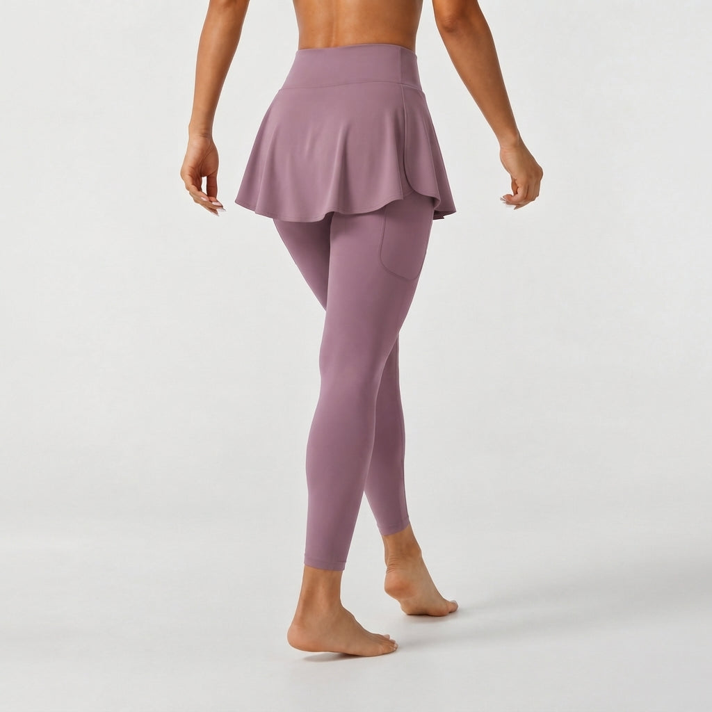 SoftlyZero Airy Mid Rise Pleated Contrast Mesh Dance Skirted Leggings with Pockets