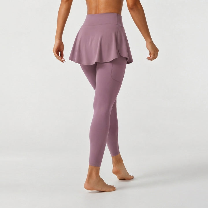 SoftlyZero Airy Mid Rise Pleated Contrast Mesh Dance Skirted Leggings with Pockets