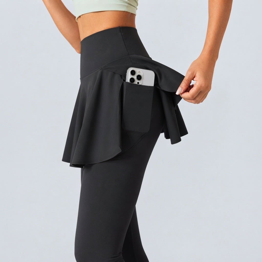 SoftlyZero Airy Mid Rise Pleated Contrast Mesh Dance Skirted Leggings with Pockets