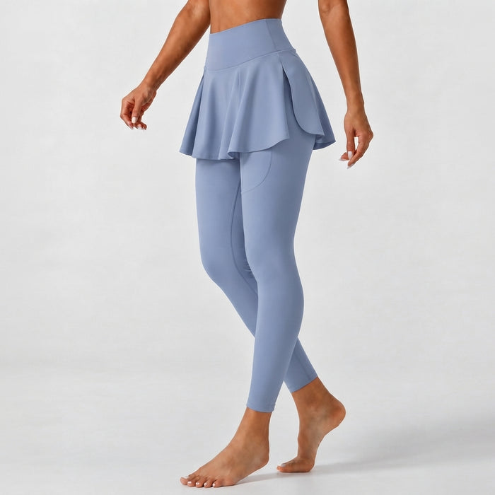 SoftlyZero Airy Mid Rise Pleated Contrast Mesh Dance Skirted Leggings with Pockets