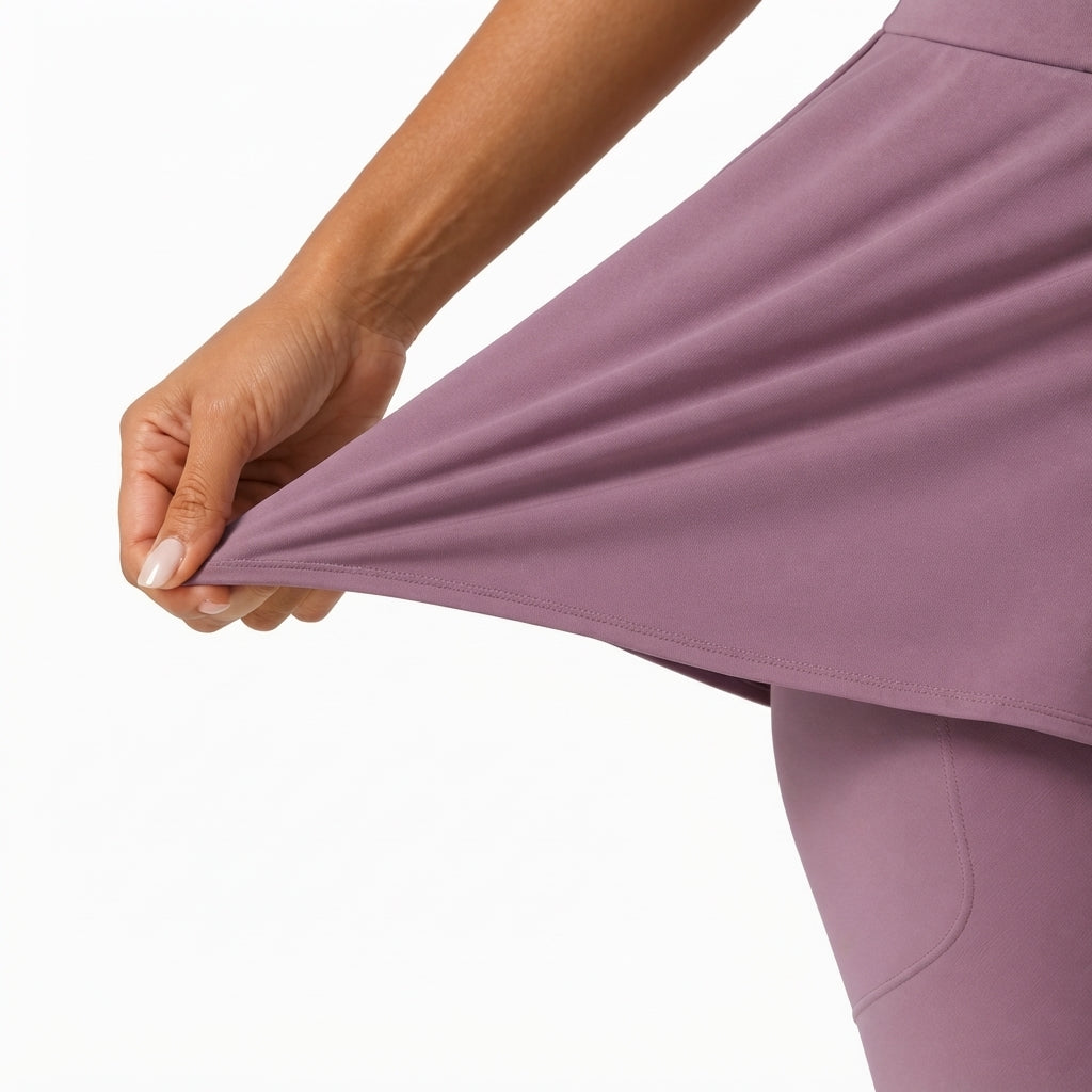 SoftlyZero Airy Mid Rise Pleated Contrast Mesh Dance Skirted Leggings with Pockets