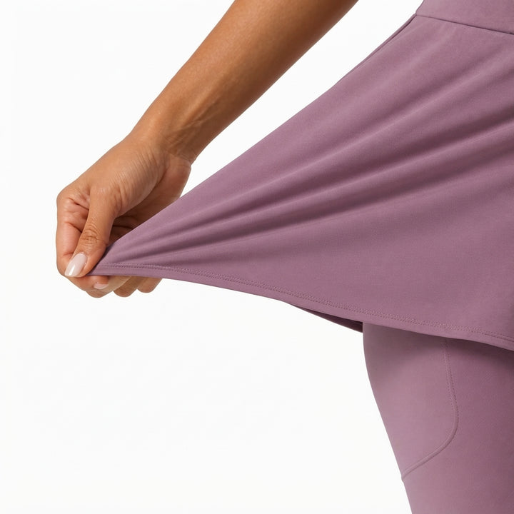 SoftlyZero Airy Mid Rise Pleated Contrast Mesh Dance Skirted Leggings with Pockets