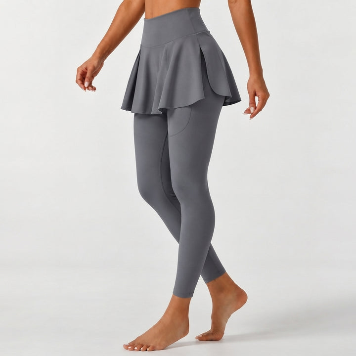 SoftlyZero Airy Mid Rise Pleated Contrast Mesh Dance Skirted Leggings with Pockets