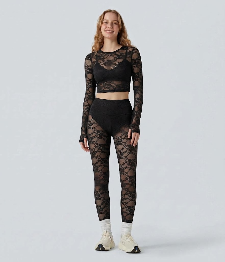SoftlyZero Contrast Lace Halter Long Sleeve Thumb Holes Cropped Yoga Top