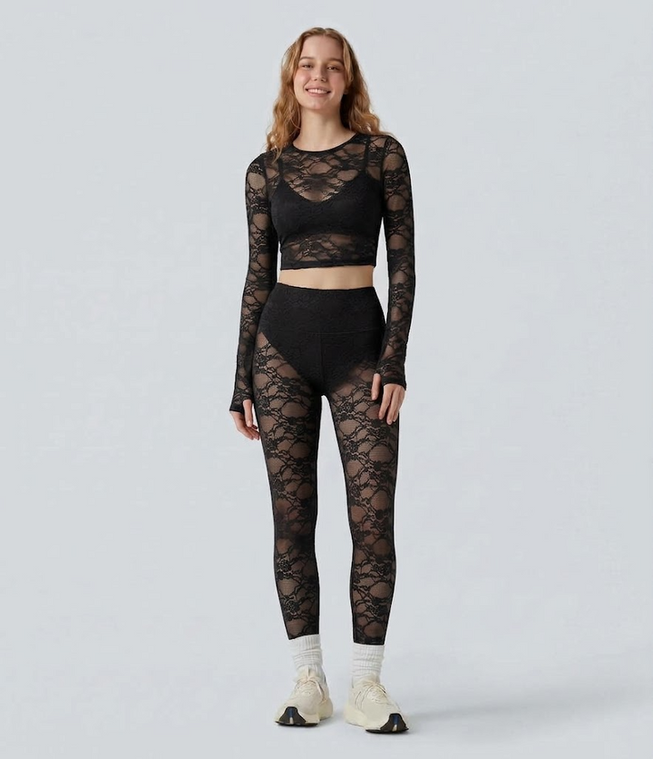 SoftlyZero Contrast Lace Halter Long Sleeve Thumb Holes Cropped Yoga Top