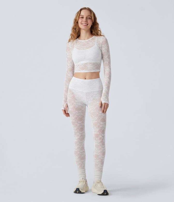 SoftlyZero Contrast Lace Halter Long Sleeve Thumb Holes Cropped Yoga Top