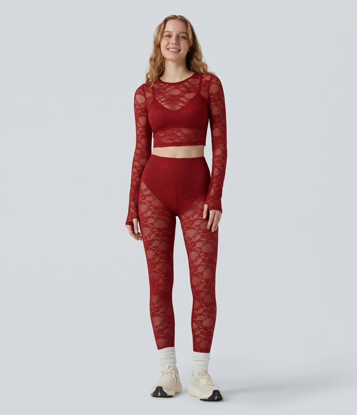 SoftlyZero Contrast Lace Halter Long Sleeve Thumb Holes Cropped Yoga Top