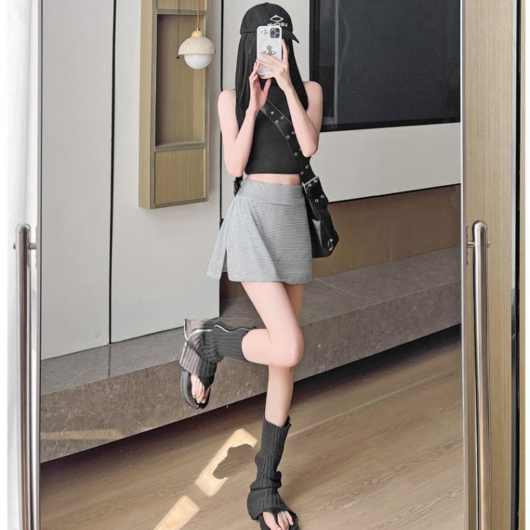 Ultra High-Waist Tummy Control Curved Hem 2-in-1 Stripes Golf Mini Skirt with Pockets