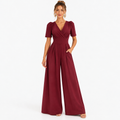 Women's V-Neck Wide-Leg Jumpsuit with Puff Sleeves and Pleated Waist