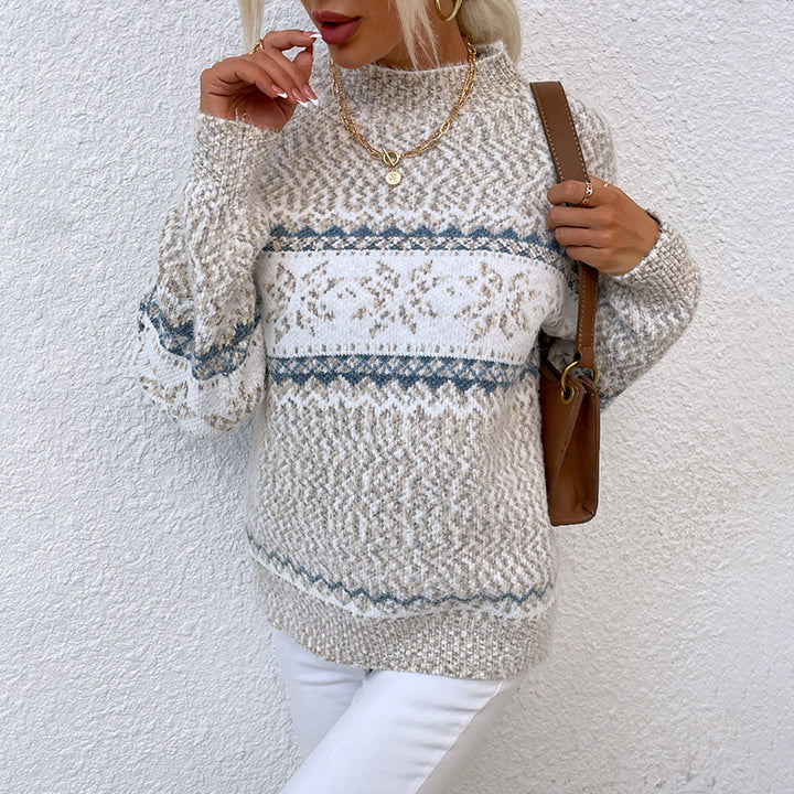 Woman in snowflake knit mock neck sweater