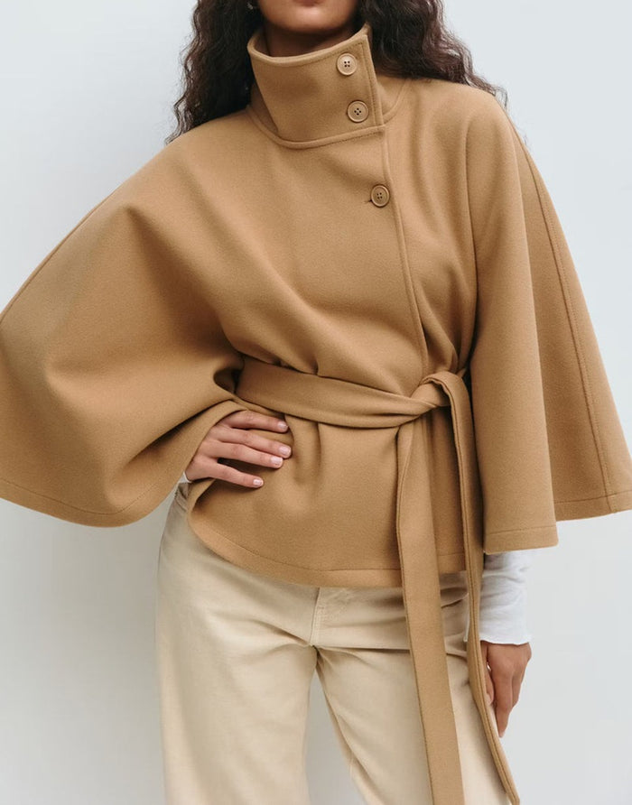 Riley | Cape Coat with High Collar, Batwing Sleeves and Belt