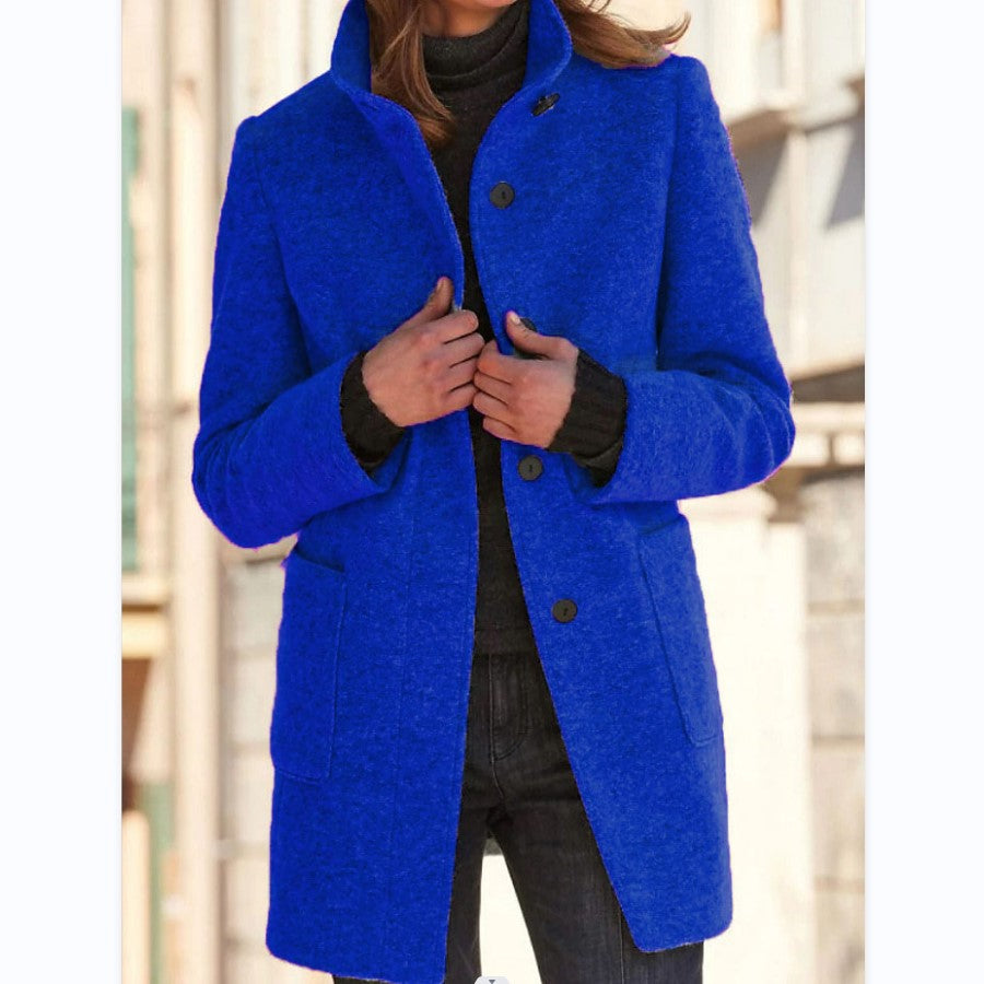 Woman in stand collar button coat