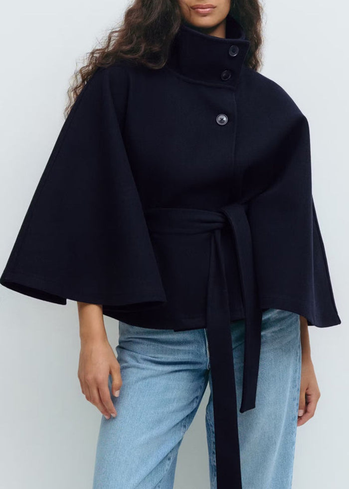 Riley | Cape Coat with High Collar, Batwing Sleeves and Belt