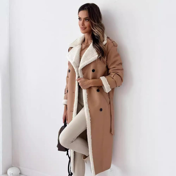 Peyton | Long Double-Breasted Faux Shearling Coat with Belt