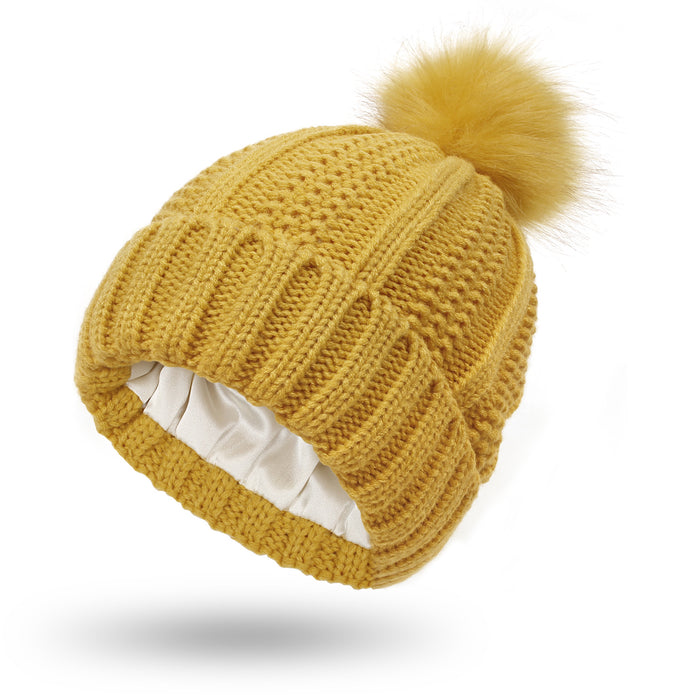 Madison | Satin Lined Knit Beanie with Faux Fur Pom Pom