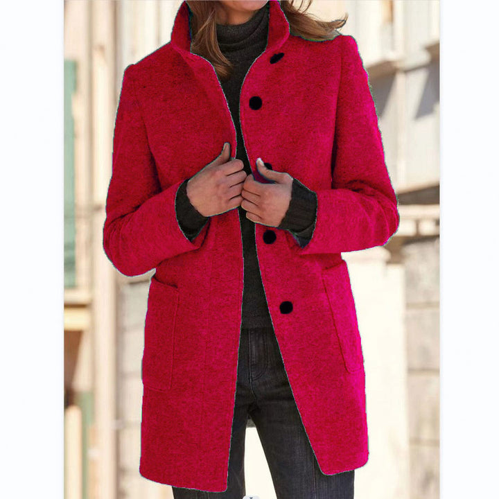 Woman in stand collar button coat