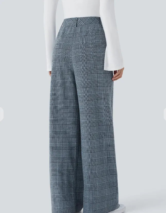 High Waisted Wide Leg Plaid Casual Pants with Pockets