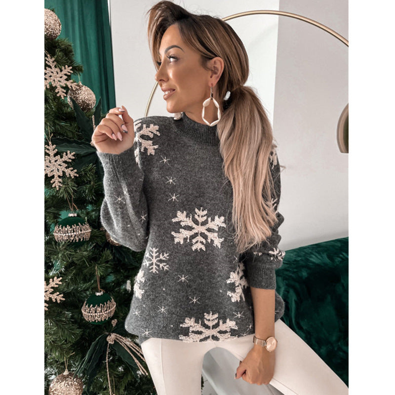 Woman in a fuzzy snowflake sweater