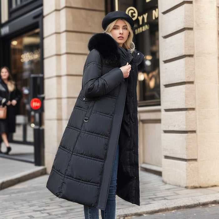 Avery | Long Belted Puffer Coat with Faux Fur Hood